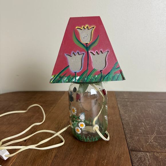 Hand Crafted mason jar lamp floral WELCOME Tulip cutout on shade WORKS - Picture 5 of 9